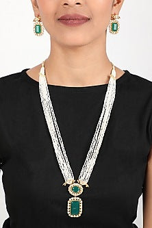 Gold Finish Emerald & Moissanite Polki Long Necklace Set
