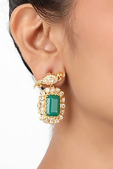 Gold Finish Emerald & Moissanite Polki Long Necklace Set