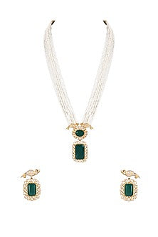 Gold Finish Emerald & Moissanite Polki Long Necklace Set