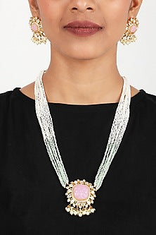 Gold Finish Rose Quartz & Moissanite Polki Long Necklace Set