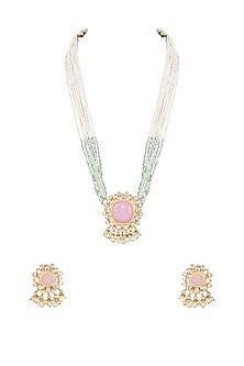 Gold Finish Rose Quartz & Moissanite Polki Long Necklace Set