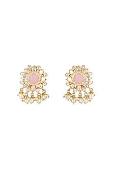 Gold Finish Rose Quartz & Moissanite Polki Long Necklace Set