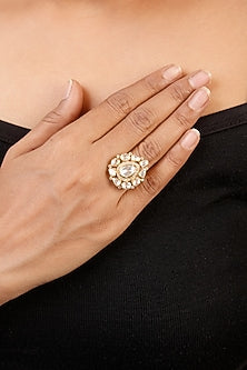 White Gold Plated Kundan Polki Ring In Sterling Silver