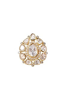 White Gold Plated Kundan Polki Ring In Sterling Silver