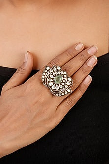 Two-Tone Finish Kundan Polki Ring In Sterling Silver