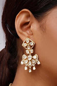 Gold Plated Kundan Polki Necklace Set In Sterling Silver