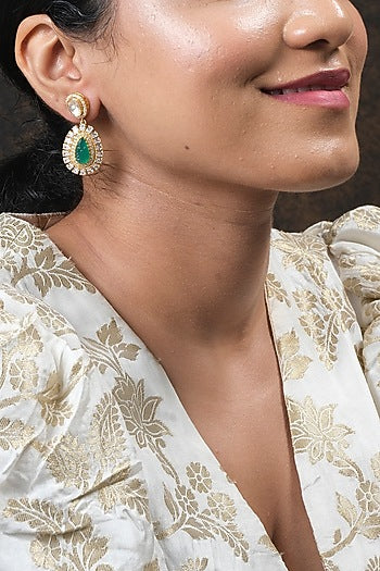 Gold Finish Kundan Polki Dangler Earrings In Sterling Silver