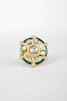 Gold Finish Kundan Polki Ring In Sterling Silver