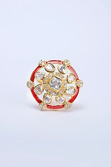 Gold Finish Kundan Polki Ring In Sterling Silver
