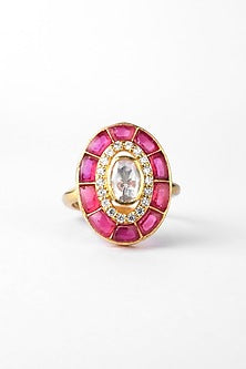 Gold Finish Kundan Polki Ring In Sterling Silver