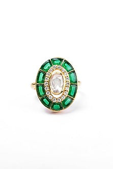 Gold Finish Kundan Polki Ring In Sterling Silver