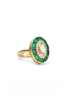 Gold Finish Kundan Polki Ring In Sterling Silver