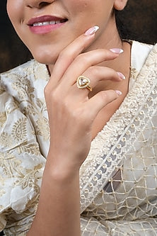 Gold Finish Kundan Polki Ring In Sterling Silver