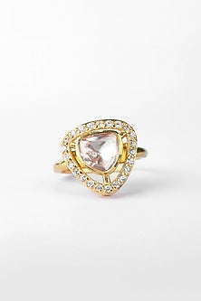Gold Finish Kundan Polki Ring In Sterling Silver