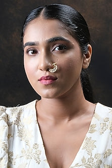 Gold Finish Kundan Polki Nose Ring In Sterling Silver