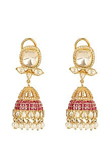 Gold Plated Dangler Earrings With Moissanite Polki In Sterling Silver
