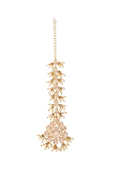 Gold Finish Moissanite Polki Handcrafted Maang Tikka In Sterling Silver