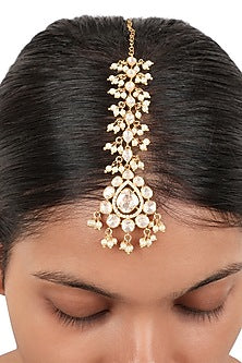Gold Finish Moissanite Polki Handcrafted Maang Tikka In Sterling Silver