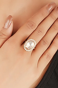 Gold Finish Moissanite Polki Handcrafted Ring In Sterling Silver