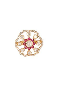 Gold Finish Moissanite Polki Handcrafted Ring In Sterling Silver