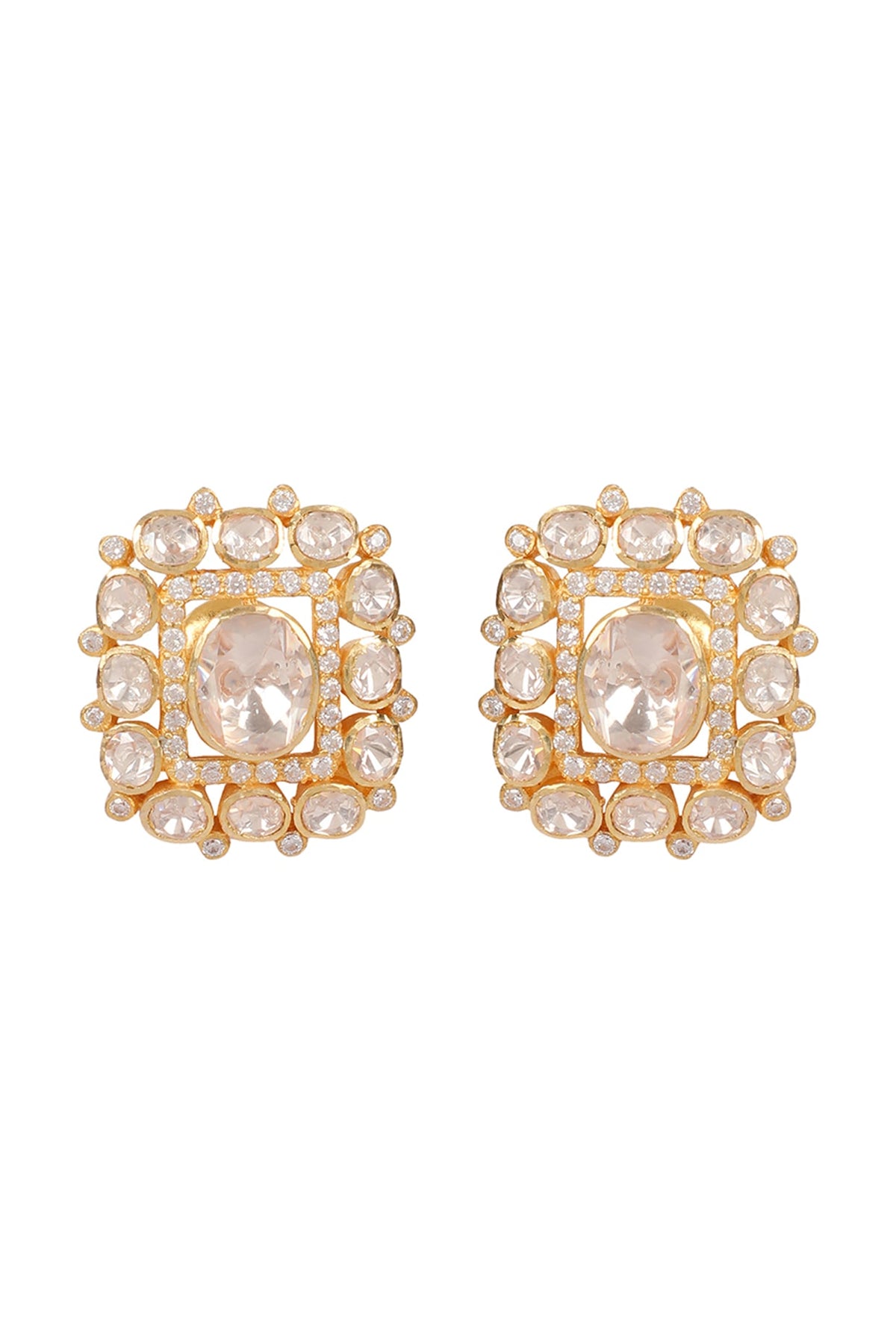 Gold Finish Moissanite Polki Handcrafted Stud Earrings In Sterling Silver