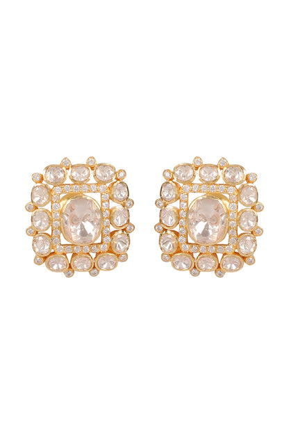 Gold Finish Moissanite Polki Handcrafted Stud Earrings In Sterling Silver