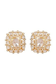 Gold Finish Moissanite Polki Handcrafted Stud Earrings In Sterling Silver