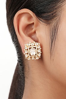 Gold Finish Moissanite Polki Handcrafted Stud Earrings In Sterling Silver