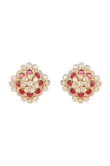 Gold Finish Moissanite Polki Handcrafted Stud Earrings In Sterling Silver