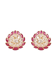 Gold Finish Moissanite Polki Handcrafted Stud Earrings In Sterling Silver