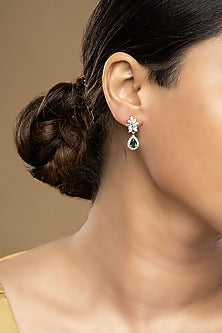 Gold Rhodium Plated Zircon & Green Stone Dangler Earrings In Sterling Silver