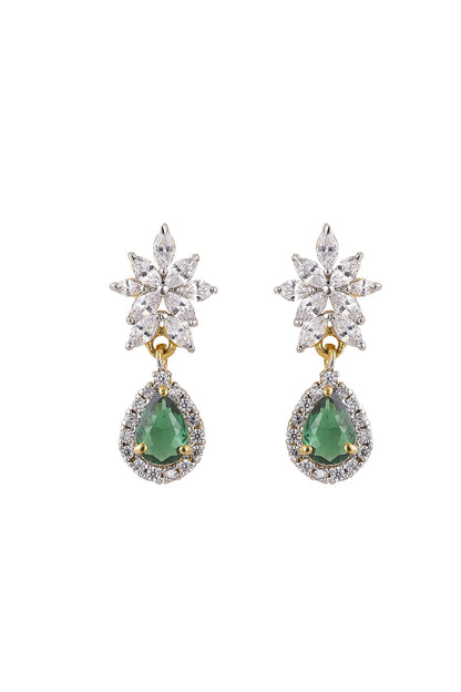 Gold Rhodium Plated Zircon & Green Stone Dangler Earrings In Sterling Silver