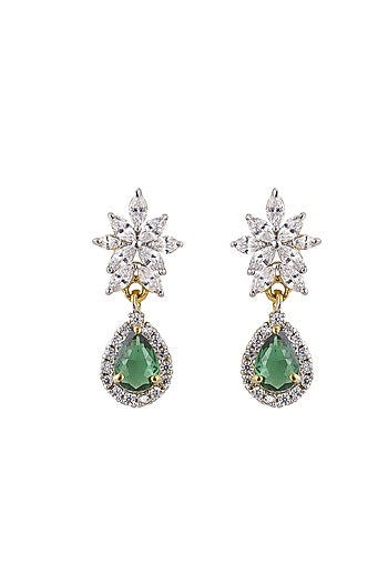Gold Rhodium Plated Zircon & Green Stone Dangler Earrings In Sterling Silver