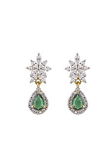 Gold Rhodium Plated Zircon & Green Stone Dangler Earrings In Sterling Silver