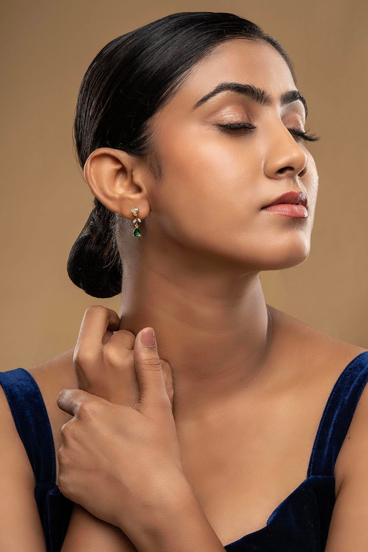 Gold Rhodium Plated Zircon & Green Stone Dangler Earrings In Sterling Silver