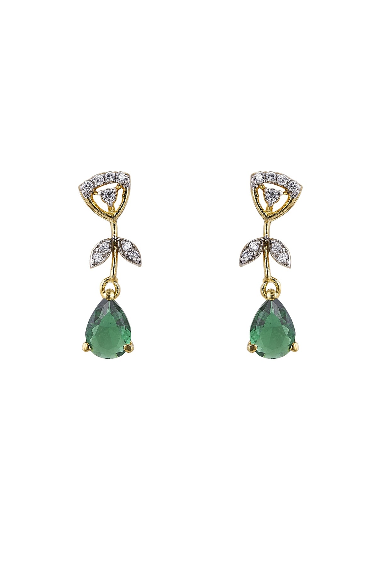 Gold Rhodium Plated Zircon & Green Stone Dangler Earrings In Sterling Silver