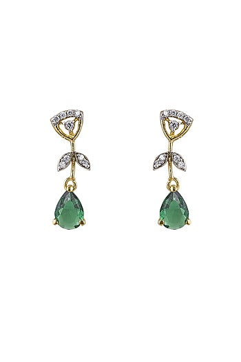 Gold Rhodium Plated Zircon & Green Stone Dangler Earrings In Sterling Silver