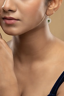 Gold Rhodium Plated Zircon & Green Stone Dangler Earrings In Sterling Silver