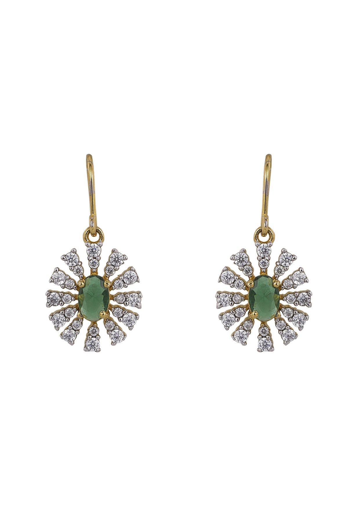 Gold Rhodium Plated Zircon & Green Stone Dangler Earrings In Sterling Silver