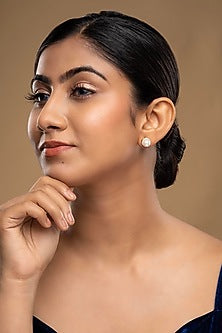 Gold Rhodium Plated Zircon & Pearl Stud Earrings In Sterling Silver