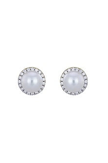 Gold Rhodium Plated Zircon & Pearl Stud Earrings In Sterling Silver