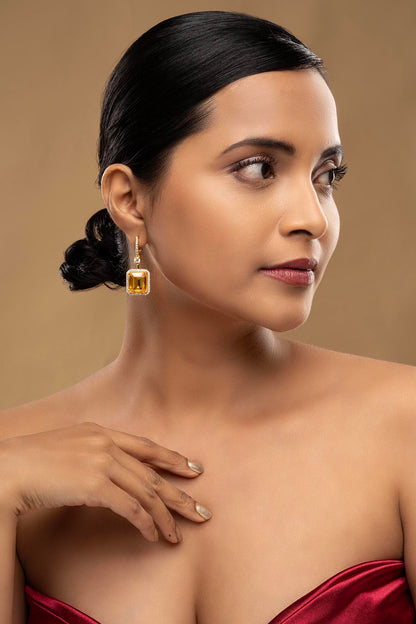 Gold Rhodium Plated Zircon & Yellow Stone Dangler Earrings In Sterling Silver