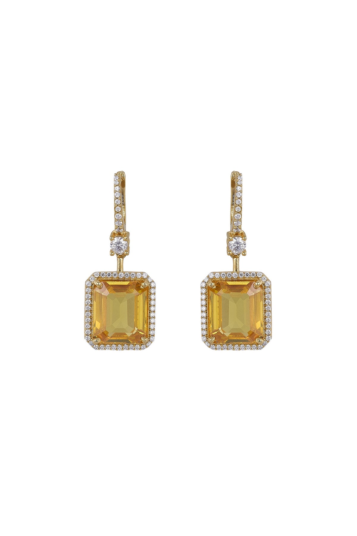 Gold Rhodium Plated Zircon & Yellow Stone Dangler Earrings In Sterling Silver