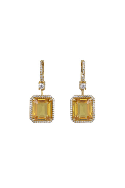 Gold Rhodium Plated Zircon & Yellow Stone Dangler Earrings In Sterling Silver