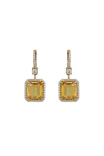 Gold Rhodium Plated Zircon & Yellow Stone Dangler Earrings In Sterling Silver