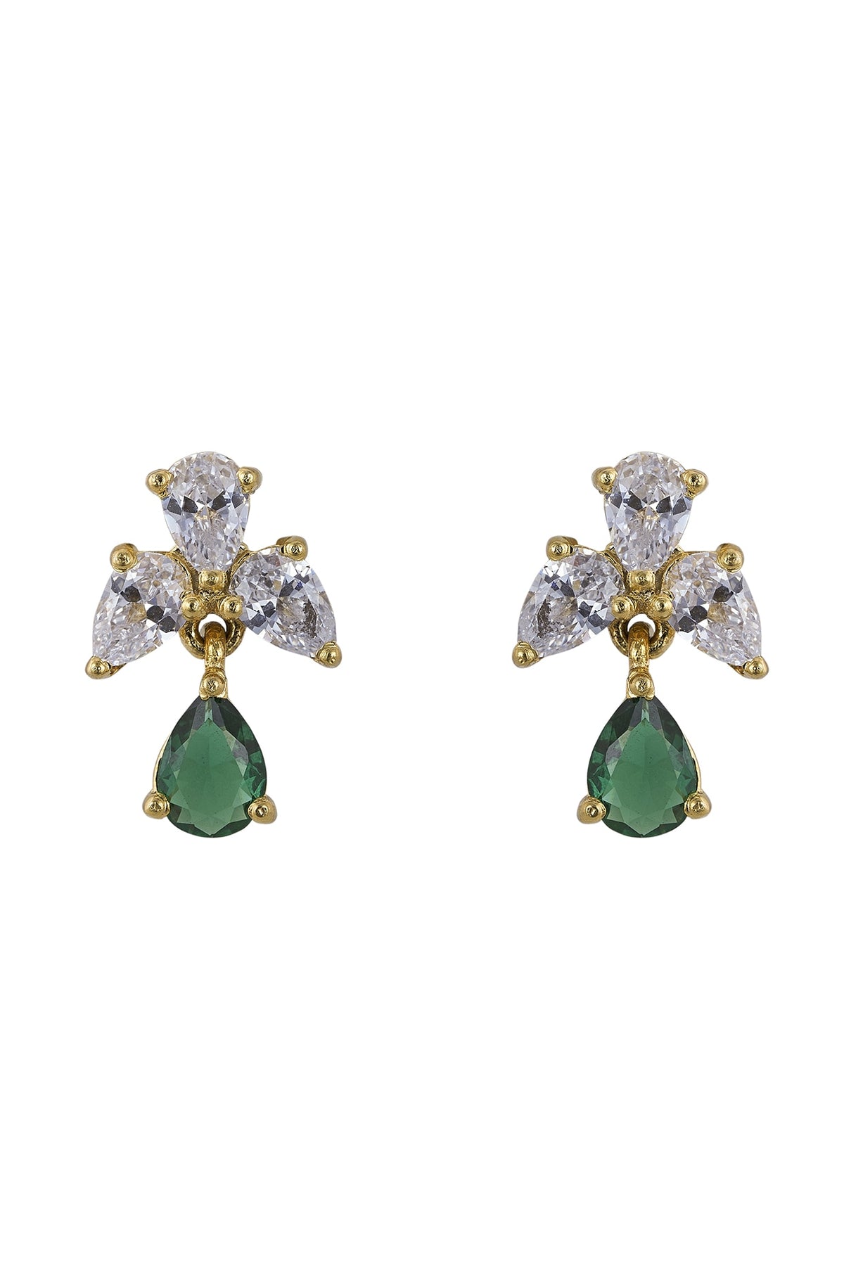 Gold Rhodium Plated Zircon & Green Stone Dangler Earrings In Sterling Silver