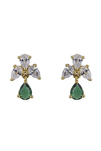 Gold Rhodium Plated Zircon & Green Stone Dangler Earrings In Sterling Silver