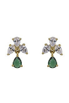 Gold Rhodium Plated Zircon & Green Stone Dangler Earrings In Sterling Silver