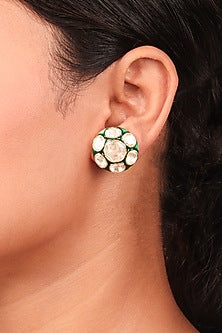 Gold Finish Moissanite Polki Stud Earrings In Sterling Silver