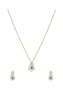 Gold Rhodium Plated Green Zircon Pendant Chain Necklace Set In Sterling Silver